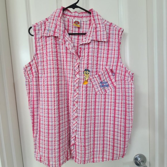 Vintage Looney Tunes Women’s Sleeveless "Tweety Cool Chick" Button Up Plaid - Picture 1 of 4